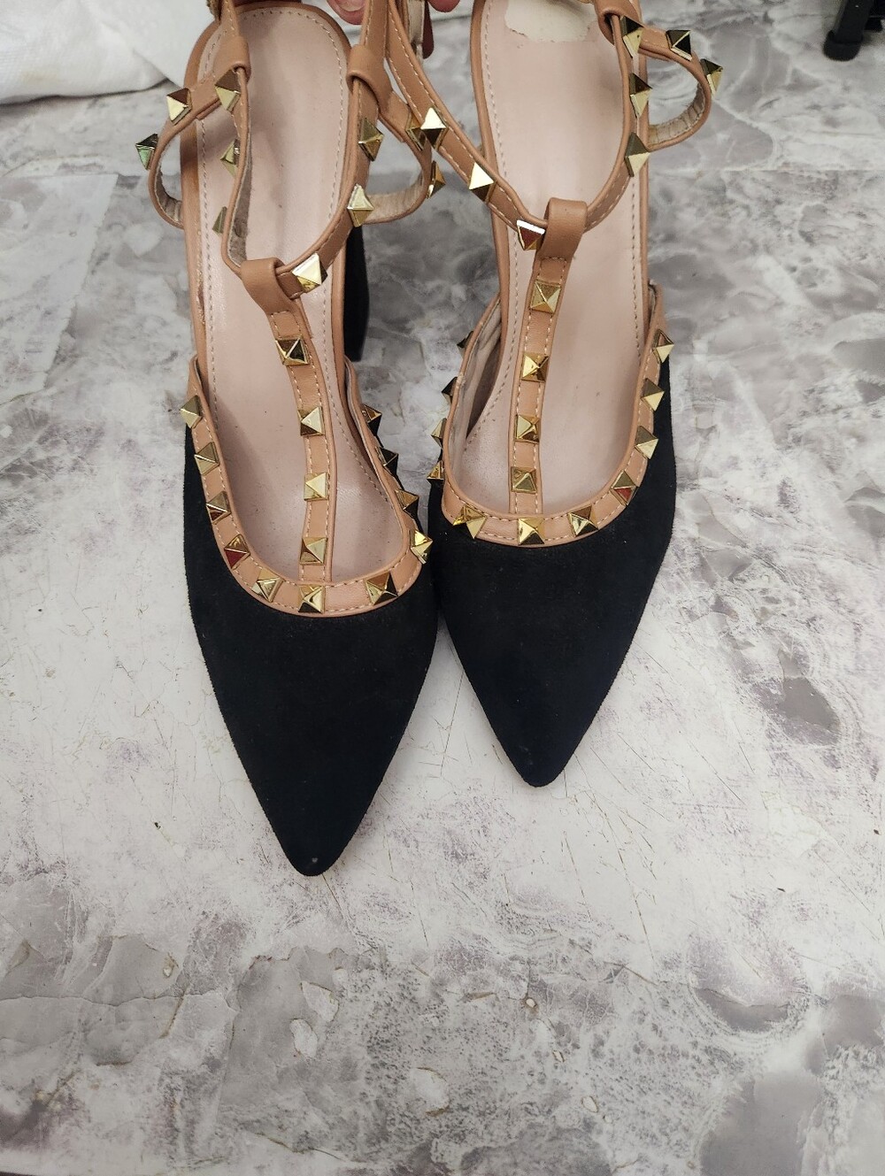 Pointed Toe Studded T-Strap Pumps in Black and Tan